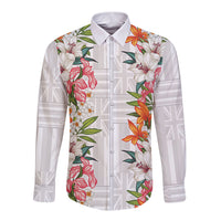 Hawaii Tropical Twist Lei Long Sleeve Button Shirt Hawaiian Flag Motif LT9 Unisex White - Polynesian Pride