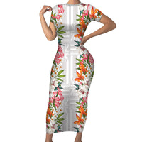 Hawaii Tropical Twist Lei Short Sleeve Bodycon Dress Hawaiian Flag Motif LT9 Long Dress White - Polynesian Pride