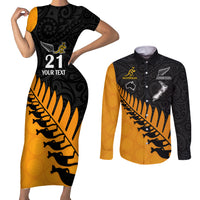 Custom Australia Wallabies and Aotearoa Rugby Couples Matching Short Sleeve Bodycon Dress and Long Sleeve Button Shirts Kangaroo Black Fern Maori Gold Vibe LT9 Gold - Polynesian Pride