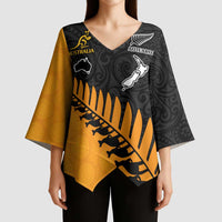 Australia New Zealand Rugby Kimono Sleeve Blouse Gold Aboriginal Wallabies and Maori Black Fern - Polynesian Pride
