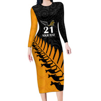 Custom Australia Wallabies and Aotearoa Rugby Long Sleeve Bodycon Dress Kangaroo Black Fern Maori Gold Vibe LT9 Long Dress Gold - Polynesian Pride