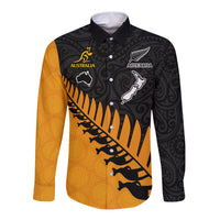 Custom Australia Wallabies and Aotearoa Rugby Long Sleeve Button Shirt Kangaroo Black Fern Maori Gold Vibe LT9 Unisex Gold - Polynesian Pride