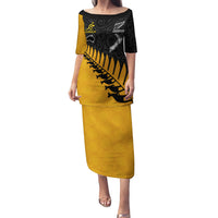 Custom Australia Wallabies and Aotearoa Rugby Puletasi Kangaroo Black Fern Maori Gold Vibe LT9 Long Dress Gold - Polynesian Pride