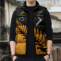 Australia New Zealand Rugby Sleeveless Puffer Jacket Gold Aboriginal Wallabies and Maori Black Fern - Polynesian Pride