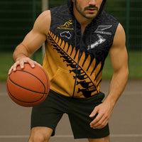 Australia New Zealand Rugby Sleeveless Zip Hoodie Gold Aboriginal Wallabies and Maori Black Fern LT9