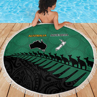 Australia New Zealand Rugby Beach Blanket Green Aboriginal Wallabies and Maori Black Fern - Polynesian Pride