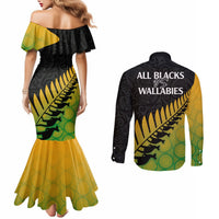 Australia Wallabies and Aotearoa Rugby Couples Matching Mermaid Dress and Long Sleeve Button Shirts Kangaroo Black Fern Maori Gradient Vibe LT9 - Polynesian Pride