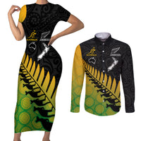 Australia Wallabies and Aotearoa Rugby Couples Matching Short Sleeve Bodycon Dress and Long Sleeve Button Shirts Kangaroo Black Fern Maori Gradient Vibe LT9 Gradient - Polynesian Pride