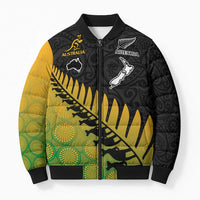 Australia New Zealand Rugby Bomber Puffer Jacket Gradient Aboriginal Wallabies and Maori Black Fern - Polynesian Pride