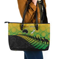 Australia New Zealand Rugby Leather Tote Bag Gradient Aboriginal Wallabies and Maori Black Fern - Polynesian Pride
