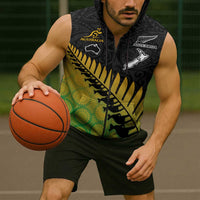 Australia New Zealand Rugby Sleeveless Zip Hoodie Gradient Aboriginal Wallabies and Maori Black Fern LT9