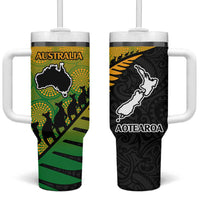 Australia New Zealand Rugby Tumbler With Handle Gradient Aboriginal Wallabies and Maori Black Fern - Polynesian Pride