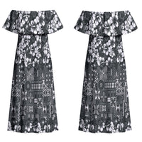 Black Hawaiian Tapa Tribal Hibiscus Couples Matching Off Shoulder Maxi Dress and Long Sleeve Button Shirt