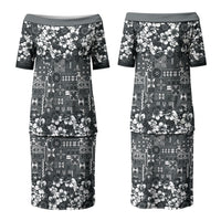 Black Hawaiian Tapa Tribal Hibiscus Couples Matching Puletasi and Long Sleeve Button Shirt