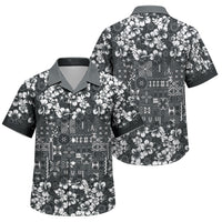 Black Hawaiian Tapa Tribal Hibiscus Family Matching Off Shoulder Short Dress and Hawaiian Shirt