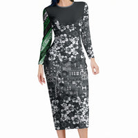 Black Hawaiian Tapa Tribal Hibiscus Long Sleeve Bodycon Dress