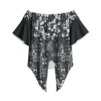 Black Hawaiian Tapa Tribal Hibiscus Off Shoulder Wrap Waist Top LT9 Black - Polynesian Pride