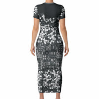 Black Hawaiian Tapa Tribal Hibiscus Short Sleeve Bodycon Dress