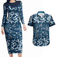 Blue Hawaiian Tapa Tribal Hibiscus Couples Matching Long Sleeve Bodycon Dress and Hawaiian Shirt