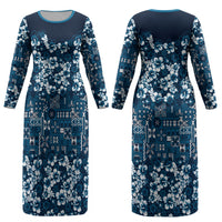 Blue Hawaiian Tapa Tribal Hibiscus Couples Matching Long Sleeve Bodycon Dress and Hawaiian Shirt