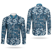 Blue Hawaiian Tapa Tribal Hibiscus Couples Matching Off The Shoulder Long Sleeve Dress and Long Sleeve Button Shirt