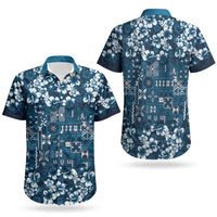 Blue Hawaiian Tapa Tribal Hibiscus Couples Matching Tank Maxi Dress and Hawaiian Shirt