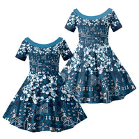 Blue Hawaiian Tapa Tribal Hibiscus Family Matching Puletasi and Hawaiian Shirt