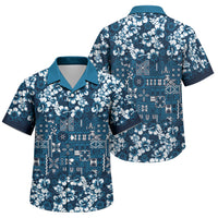 Blue Hawaiian Tapa Tribal Hibiscus Family Matching Puletasi and Hawaiian Shirt