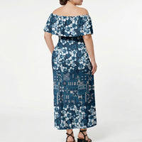 Blue Hawaiian Tapa Tribal Hibiscus Off Shoulder Maxi Dress