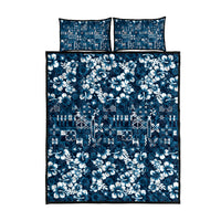 Blue Hawaiian Tapa Tribal Hibiscus Quilt Bed Set