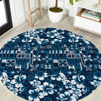 Blue Hawaiian Tapa Tribal Hibiscus Round Carpet