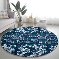 Blue Hawaiian Tapa Tribal Hibiscus Round Carpet