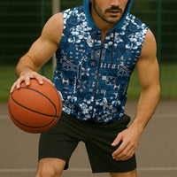 Blue Hawaiian Tapa Tribal Hibiscus Sleeveless Zip Hoodie