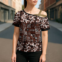 Burgundy Hawaiian Tapa Tribal Hibiscus Cross Shoulder Shirt