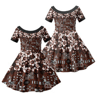 Burgundy Hawaiian Tapa Tribal Hibiscus Family Matching Off The Shoulder Long Sleeve Dress and Hawaiian Shirt