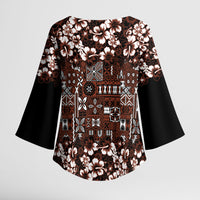 Burgundy Hawaiian Tapa Tribal Hibiscus Kimono Sleeve Blouse