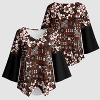 Burgundy Hawaiian Tapa Tribal Hibiscus Kimono Sleeve Blouse