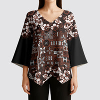 Burgundy Hawaiian Tapa Tribal Hibiscus Kimono Sleeve Blouse