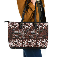 Burgundy Hawaiian Tapa Tribal Hibiscus Leather Tote Bag LT9 - Polynesian Pride