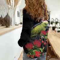 Meri Kirihimete Kakapo Women Casual Shirt Black Silver Fern Christmas Vibe