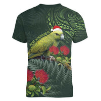 Meri Kirihimete Kakapo Women V-Neck T-Shirt Green Silver Fern Christmas Vibe
