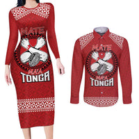 Tonga Rugby XIII Custom Couples Matching Long Sleeve Bodycon Dress and Long Sleeve Button Shirt Mate Ma'a Tonga with Ngatu Pattern LT9 Red - Polynesian Pride
