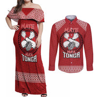 Tonga Rugby XIII Custom Couples Matching Off Shoulder Maxi Dress and Long Sleeve Button Shirt Mate Ma'a Tonga with Ngatu Pattern LT9 Red - Polynesian Pride