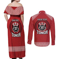 Tonga Rugby XIII Custom Couples Matching Off Shoulder Maxi Dress and Long Sleeve Button Shirt Mate Ma'a Tonga with Ngatu Pattern LT9 - Polynesian Pride