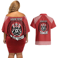 Tonga Rugby XIII Custom Couples Matching Off Shoulder Short Dress and Hawaiian Shirt Mate Ma'a Tonga with Ngatu Pattern LT9 - Polynesian Pride