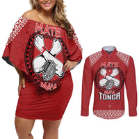 Tonga Rugby XIII Custom Couples Matching Off Shoulder Short Dress and Long Sleeve Button Shirt Mate Ma'a Tonga with Ngatu Pattern LT9 Red - Polynesian Pride