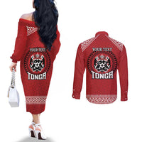 Tonga Rugby XIII Custom Couples Matching Off The Shoulder Long Sleeve Dress and Long Sleeve Button Shirt Mate Ma'a Tonga with Ngatu Pattern