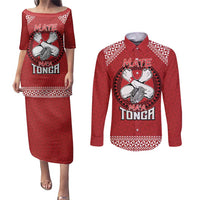 Tonga Rugby XIII Custom Couples Matching Puletasi and Long Sleeve Button Shirt Mate Ma'a Tonga with Ngatu Pattern LT9 Red - Polynesian Pride