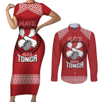 Tonga Rugby XIII Custom Couples Matching Short Sleeve Bodycon Dress and Long Sleeve Button Shirt Mate Ma'a Tonga with Ngatu Pattern LT9 Red - Polynesian Pride