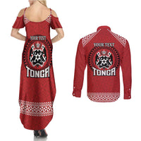 Tonga Rugby XIII Custom Couples Matching Summer Maxi Dress and Long Sleeve Button Shirt Mate Ma'a Tonga with Ngatu Pattern LT9 - Polynesian Pride